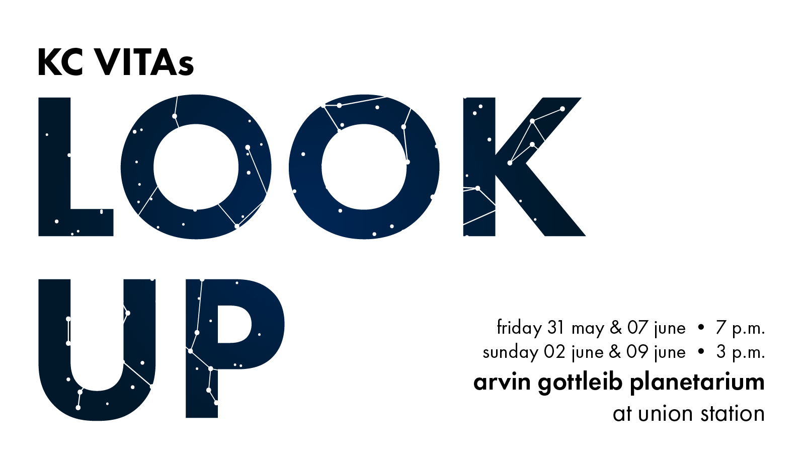 Promotional design for 'Look Up' showing block letters filled with the image of a starry night sky.
